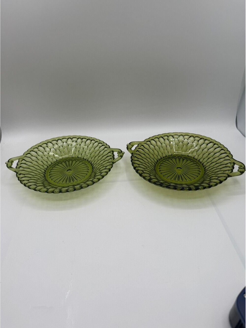 Vintage Indiana Glass Honeycomb Avocado Green Relish Dishes Handled Bowls Set 2